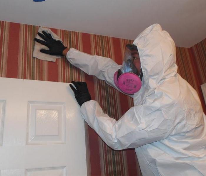 Person cleaning walls wearing gloves, mask, and disposable body suit 